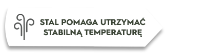 Grafika przedstawia biały prostokąt z czarnym napisem \'STAL POMAGA UTRZYMAĆ STABILNĄ TEMPERATURĘ\' oraz ikoną przypominającą stylizowany wiatr.