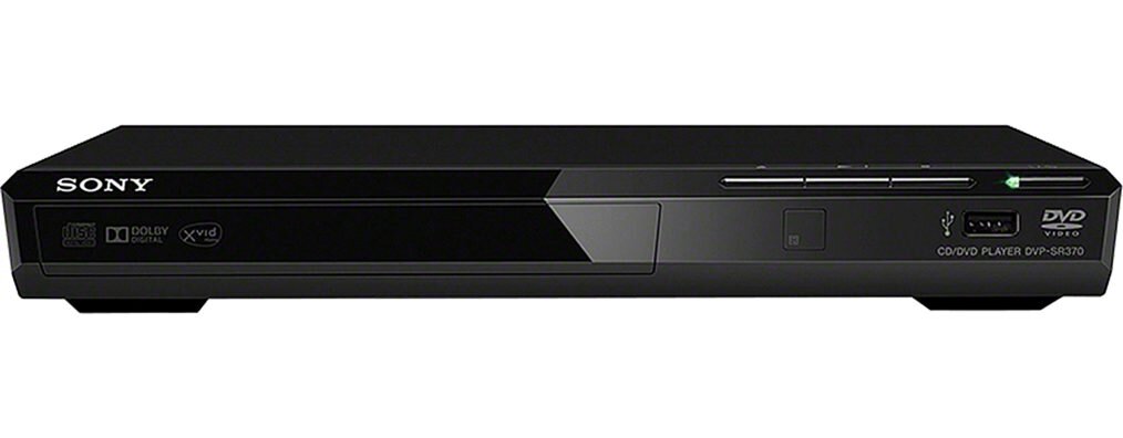 Czarny odtwarzacz DVD z logo SONY, posiada przyciski sterujące oraz port USB. Widoczny napis: \'CD/DVD PLAYER DVP-SR370\'.