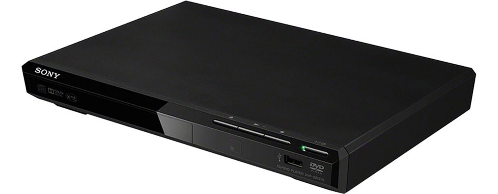 Czarny odtwarzacz DVD z logo SONY na górnej części obudowy. Na przednim panelu widoczne są przyciski sterujące, port USB oraz napis \'DVD VIDEO\'.