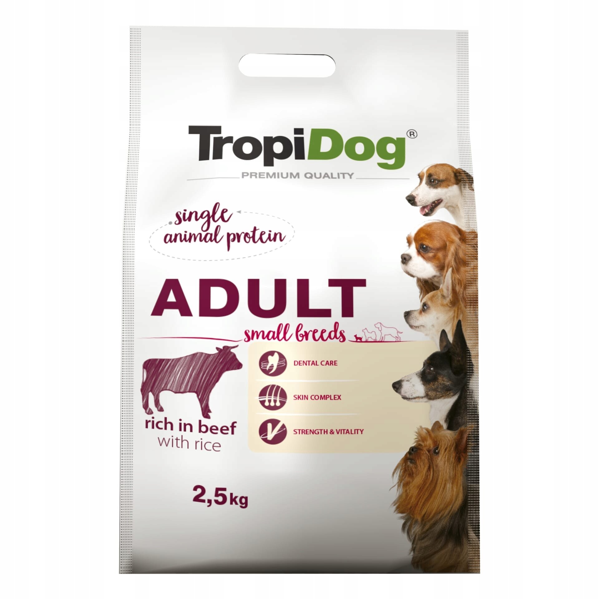 Opakowanie suchej karmy dla psów TropiDog Premium Quality z napisem \'ADULT small breeds\' oraz grafiką przedstawiającą psy. Informacje na opakowaniu obejmują \'rich in beef with rice\', \'dental care\', \'skin complex\', \'strength & vitality\' oraz wagę 2,5 kg.