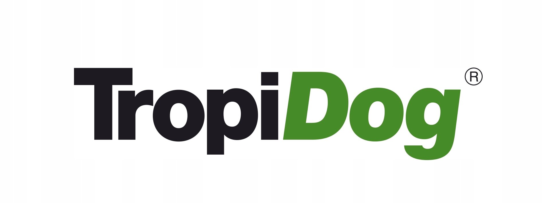 Logo z napisem \'TropiDog\' w kolorach czarnym i zielonym, z symbolem zarejestrowanego znaku towarowego obok.