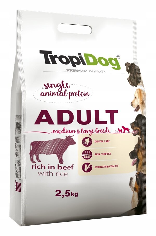 Opakowanie karmy dla psów TropiDog Premium Quality z napisem \'ADULT medium & large breeds\' oraz informacjami o składnikach: \'rich in beef with rice\'. Widoczne są ikony dotyczące pielęgnacji zębów, skóry oraz witalności, a także wizerunki psów.
