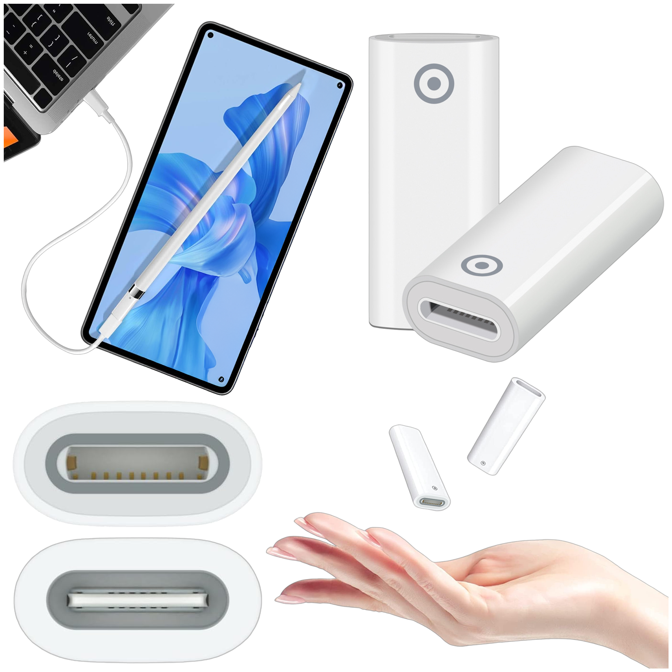 Na obrazie widoczny jest biały adapter do ładowania rysika z portem USB-C i Lightning. Obok znajduje się ręka oraz tablet z podłączonym rysikiem.