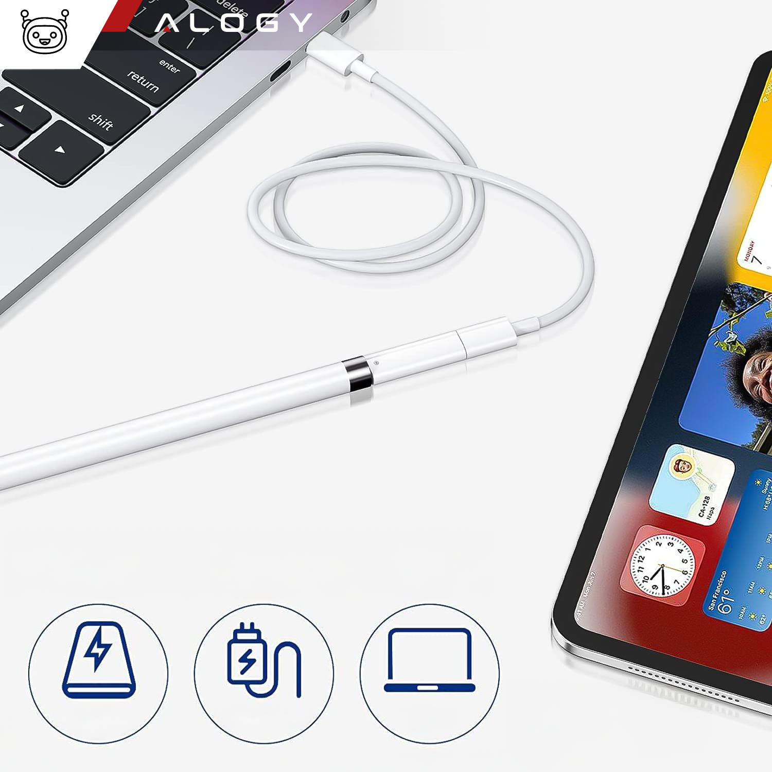 Na obrazie widoczny jest biały rysik podłączony do laptopa za pomocą kabla USB-C. W tle znajduje się tablet z kolorowym ekranem, a w lewym górnym rogu widnieje logo \'Alogy\'.