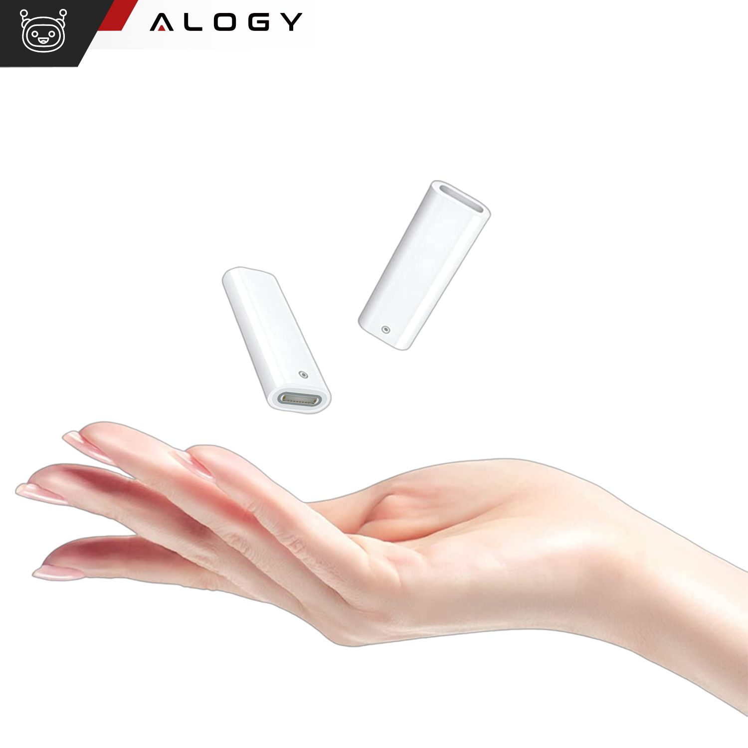 Na obrazie widoczne są dwie białe przejściówki USB-C Lightning unoszące się nad otwartą dłonią. W lewym górnym rogu znajduje się logo z napisem \'ALOGY\'.