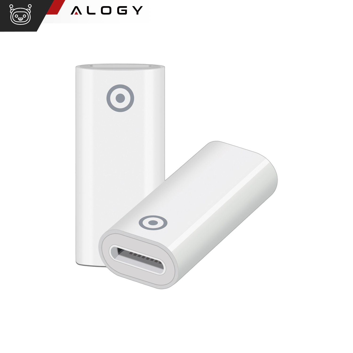 Na obrazie widoczne są dwa białe adaptery z logo Alogy, jeden z nich ma widoczne złącze USB-C. Logo Alogy znajduje się w lewym górnym rogu obrazu.