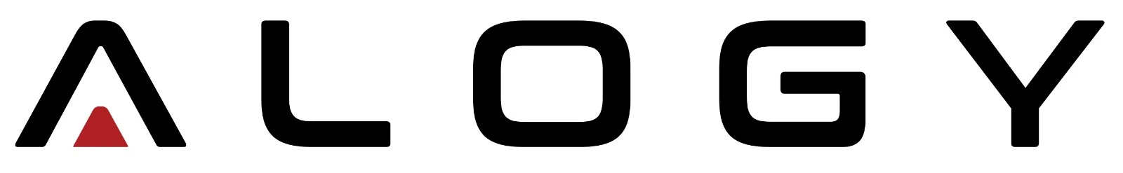 Logo z napisem \'ALOGY\', gdzie litera \'A\' zawiera czerwony trójkąt u podstawy.