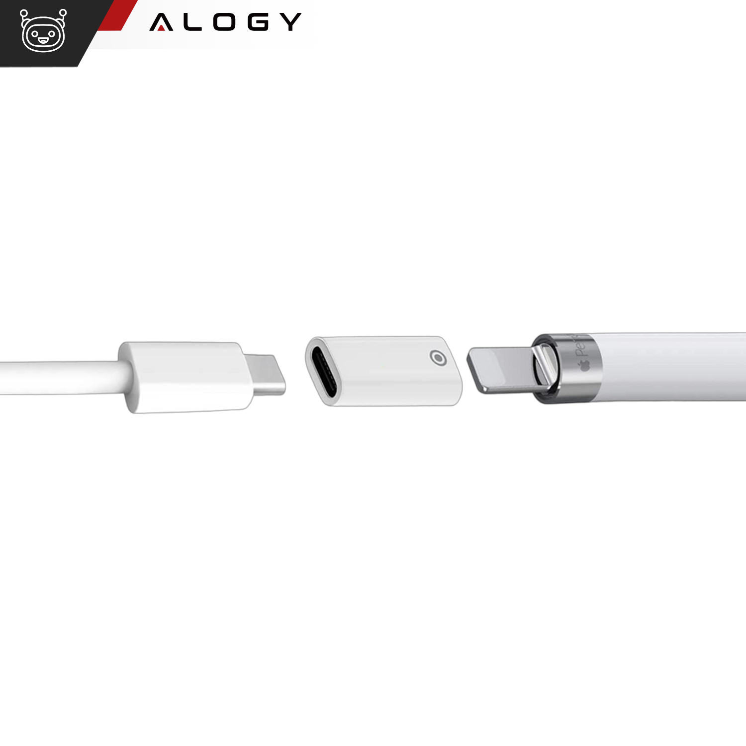Obraz przedstawia adapter do ładowania rysika z portem USB-C i Lightning, z logo Alogy w lewym górnym rogu. Adapter jest biały i składa się z trzech części: kabla, złącza i rysika.
