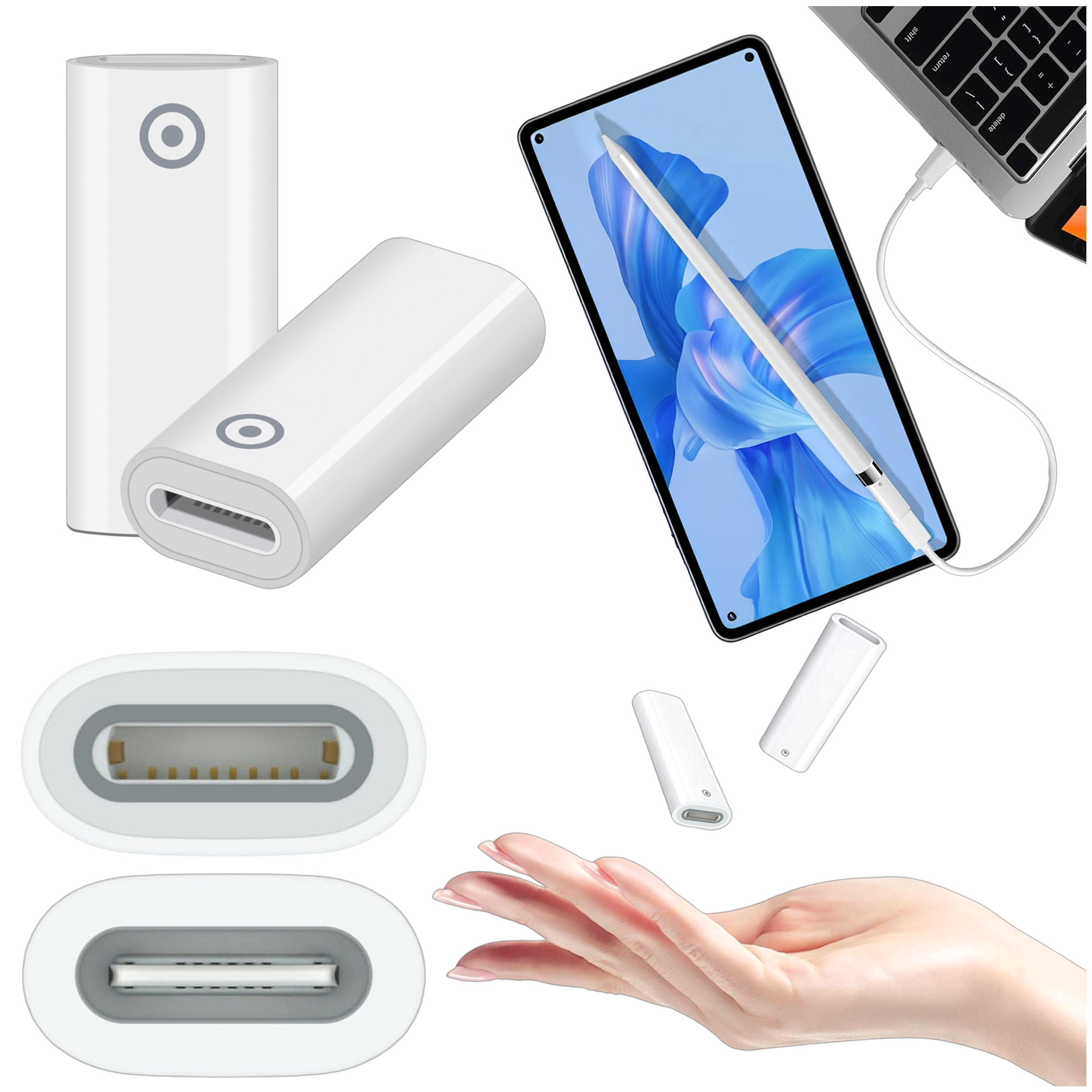 Obraz przedstawia biały adapter do ładowania rysika z portem USB-C i Lightning. W tle widoczny jest tablet z rysikiem oraz fragment laptopa z podłączonym kablem.