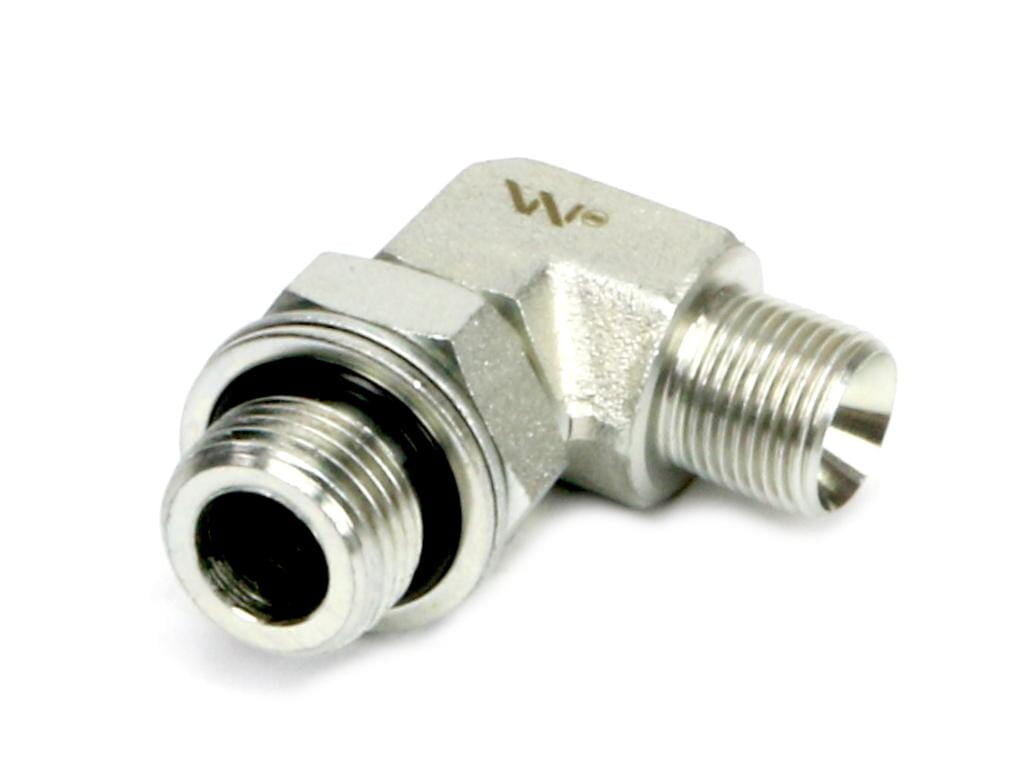 Metalowe kolanko hydrauliczne z gwintami, oznaczone logo \'W\'.