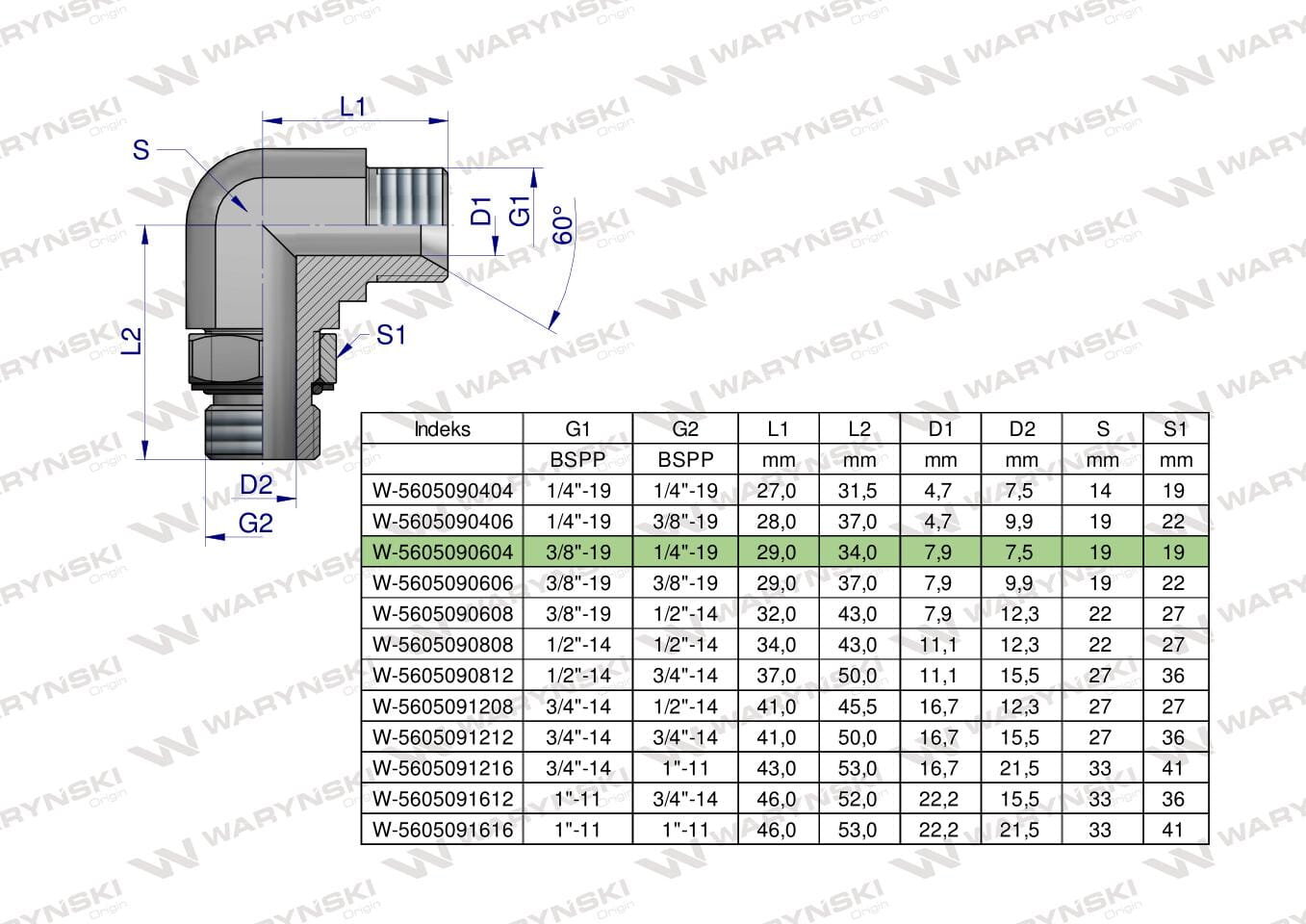 Obraz przedstawia schemat techniczny kolanka hydraulicznego z tabelą wymiarów. Widoczne jest logo \'WARYŃSKI\' oraz szczegóły dotyczące różnych indeksów i wymiarów produktu.