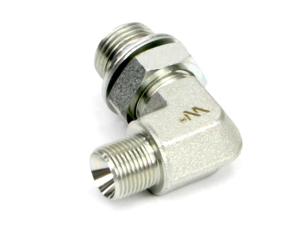 Na obrazie widoczne jest metalowe kolanko hydrauliczne z gwintami na obu końcach. Na powierzchni znajduje się logo \'W\'.