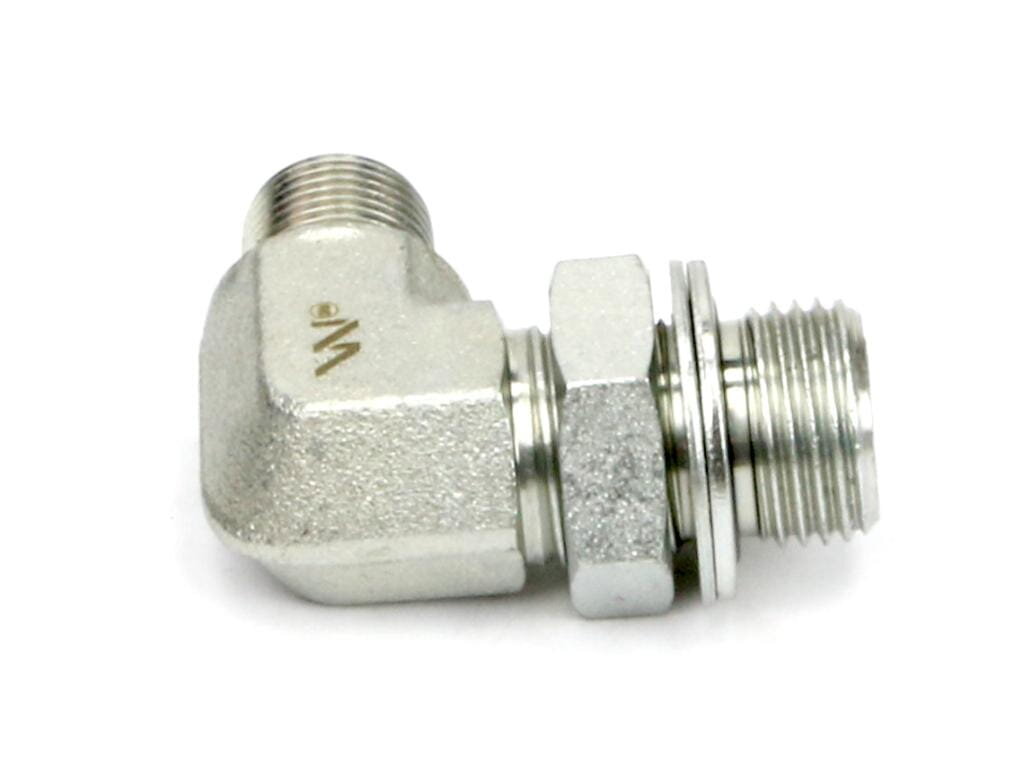 Metalowe kolanko hydrauliczne z gwintami, oznaczone literą \'W\'.