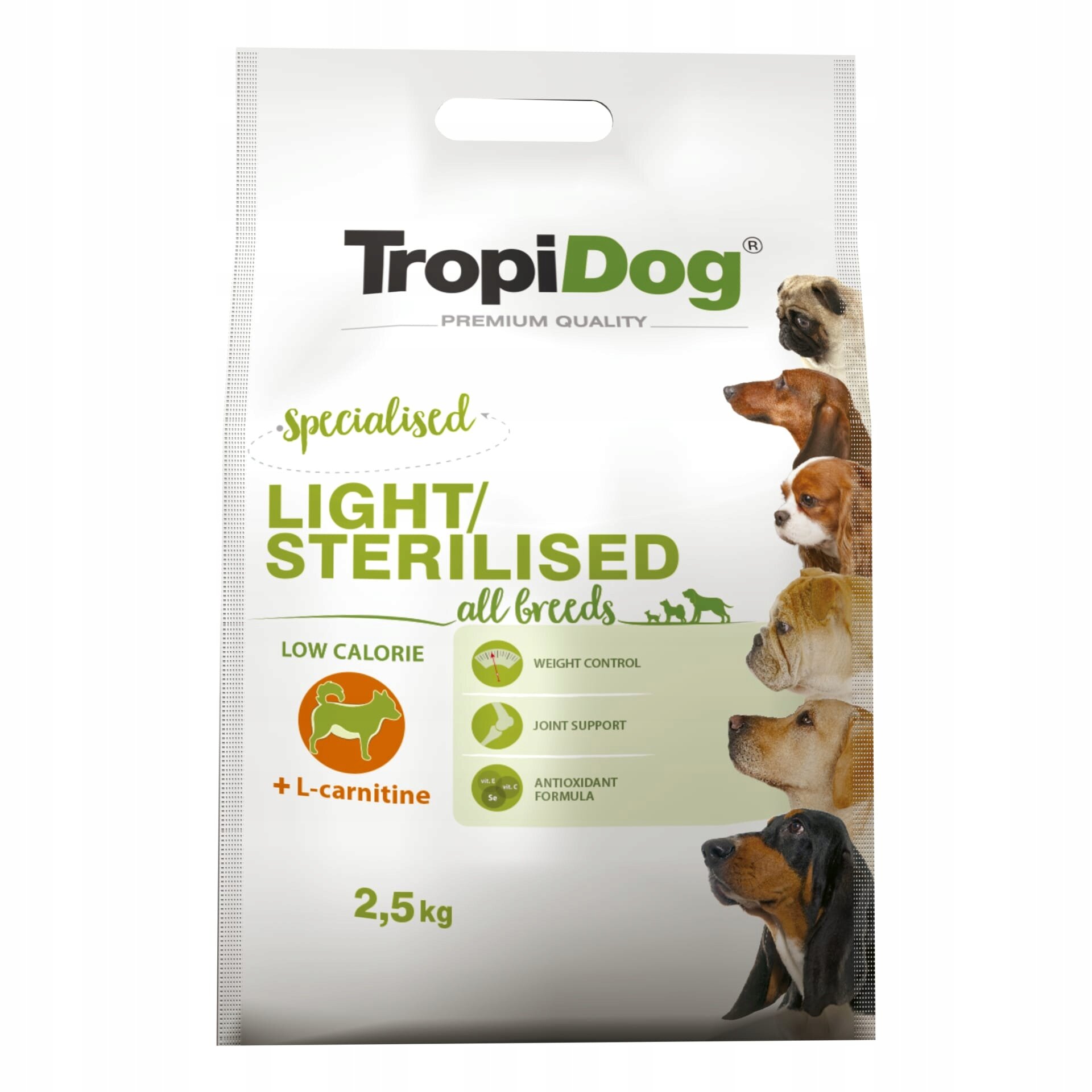 Opakowanie karmy dla psów z napisem \'TropiDog Premium Quality Specialised Light/Sterilised All Breeds\'. Widoczne są również informacje: \'Low Calorie\', \'+ L-carnitine\', \'Weight Control\', \'Joint Support\', \'Antioxidant Formula\', oraz waga \'2,5 kg\'.