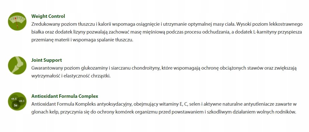 Obraz przedstawia trzy sekcje tekstowe dotyczące karmy dla psów. Sekcje to: \'Weight Control\', \'Joint Support\' i \'Antioxidant Formula Complex\', każda z opisem korzyści zdrowotnych.