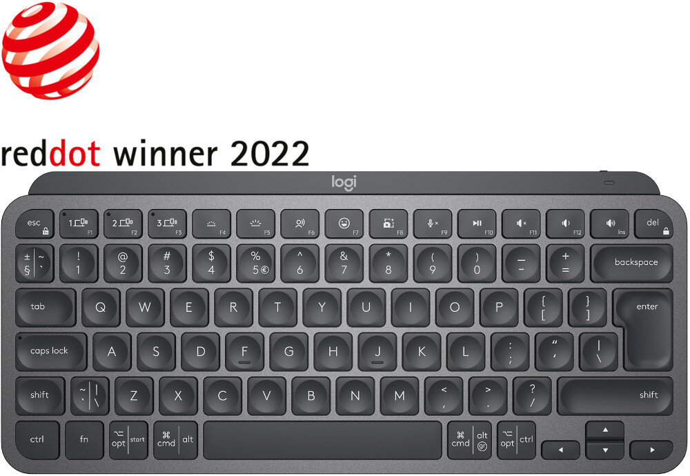 Grafitowa klawiatura z logo \'logi\' na górze, posiada standardowy układ klawiszy. Widoczny tekst: \'reddot winner 2022\'.
