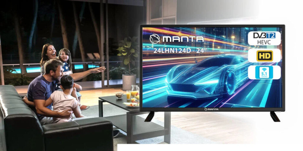 Telewizor z logo MANTA wyświetla obraz futurystycznego samochodu z tekstem \'24LHN124D - 24\'. Obok ekranu znajdują się ikony \'DVB T2 HEVC\', \'HD\' i \'S.1\'.
