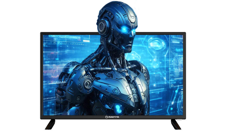 Telewizor z wyświetlonym obrazem futurystycznego robota na niebieskim tle. Na dolnej ramce widoczne jest logo \'MANTA\'.