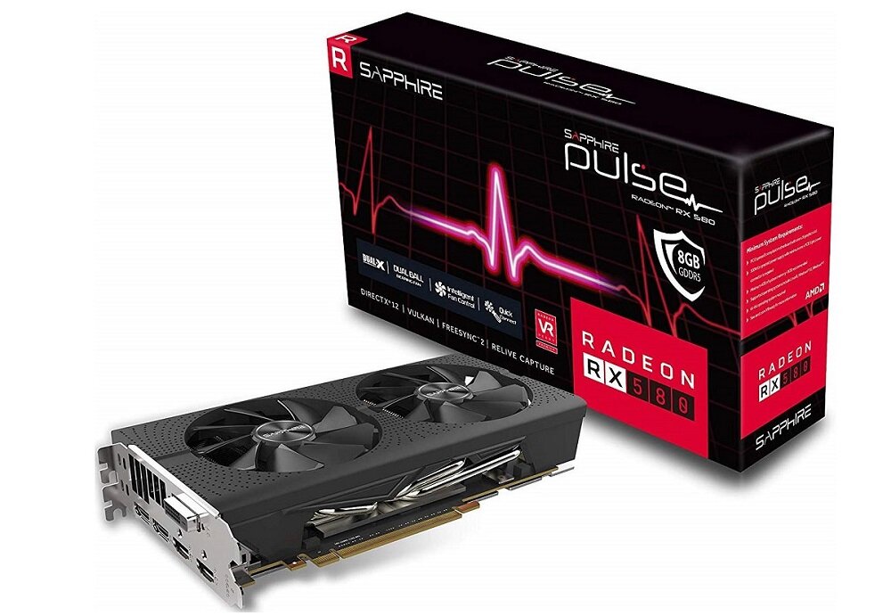Karta graficzna SAPPHIRE Radeon RX 580 Pulse 8GB - wygląd ogólny opakowanie 8GB pamięci Radeon Chill wydajny system chłodzenia