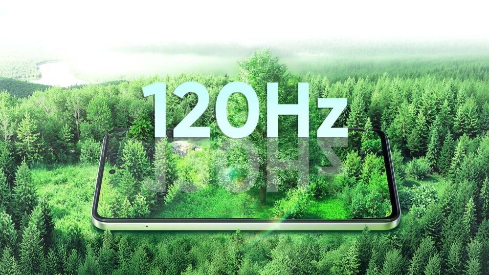 Obraz przedstawia smartfon z wyświetlaczem na tle lasu, z dużym napisem \'120Hz\' nad ekranem.