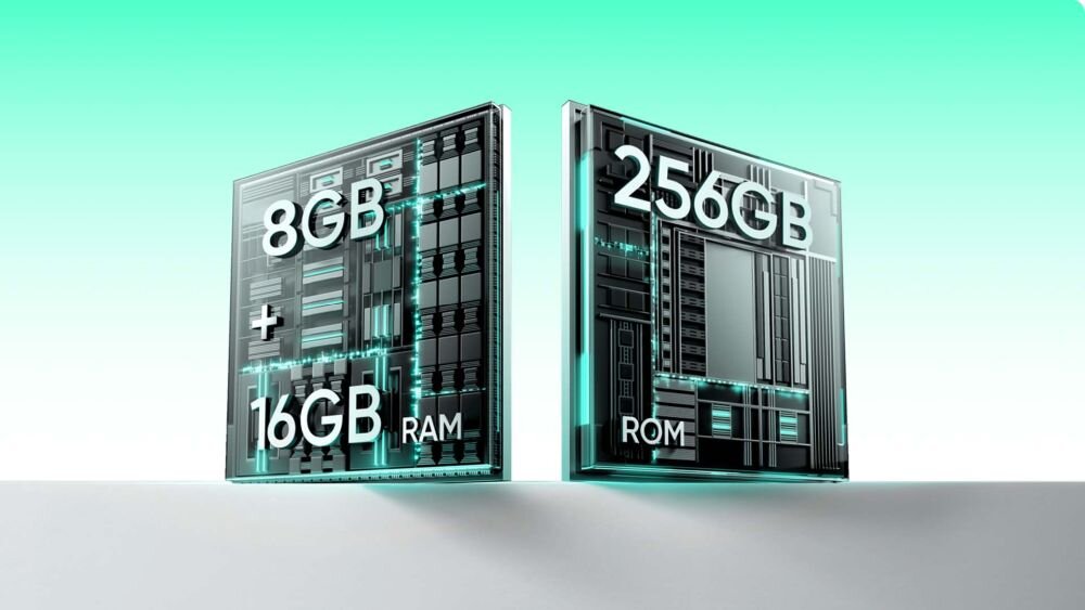 Obraz przedstawia dwa przezroczyste sześciany z napisami: \'8GB + 16GB RAM\' oraz \'256GB ROM\', na tle gradientu od zielonego do białego.