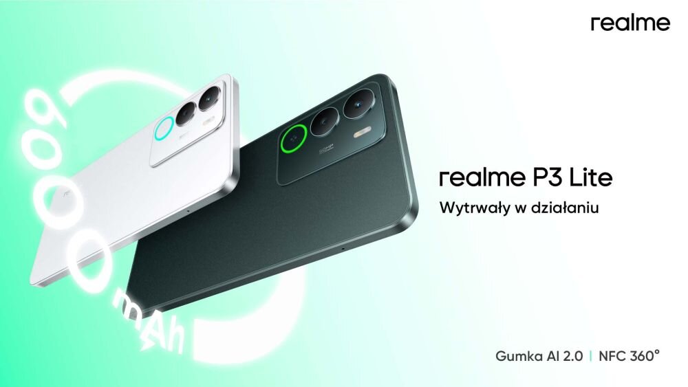 Obraz przedstawia dwa smartfony REALME P3 Lite w kolorach białym i ciemnym, z widocznymi aparatami fotograficznymi. Na obrazie znajduje się tekst: \'realme P3 Lite Wytrwały w działaniu\', \'6000 mAh\', \'Gumka AI 2.0\', \'NFC 360°\'.