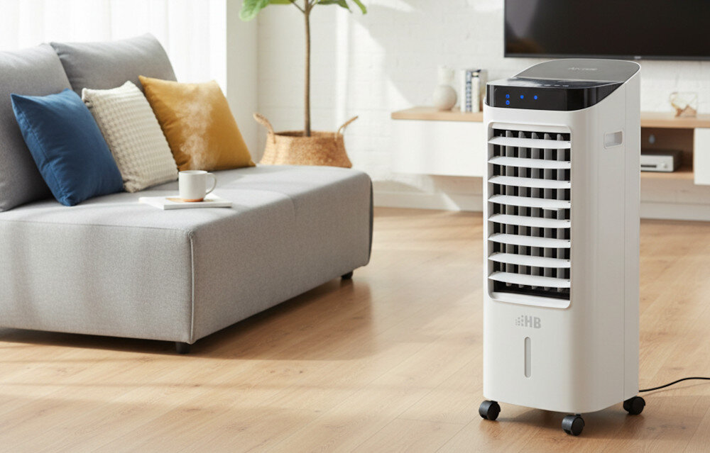 Klimator HB AC0078DWRC zdjęcie lifestyle 3 funkcje w jednym oczyszczanie, nawilżanie i chłodzenie do 20 m² wkład CCP Cleaning & Cooling Pad