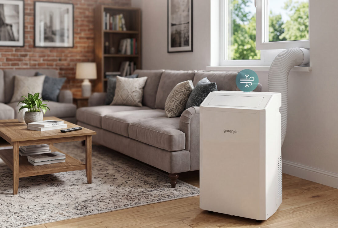 W salonie z szarymi meblami i drewnianym stolikiem kawowym znajduje się biały klimatyzator przenośny z logo \'gorenje\'. Urządzenie jest podłączone do okna za pomocą elastycznej rury.