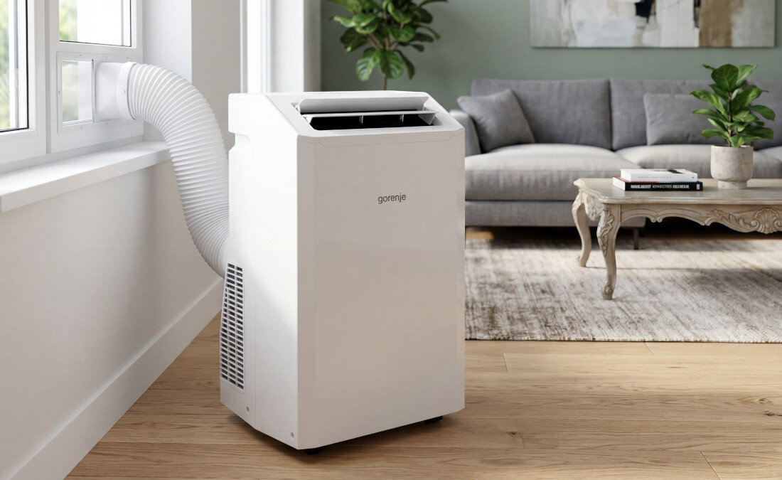 Na obrazie widoczny jest biały klimatyzator przenośny z logo \'gorenje\', ustawiony przy oknie z podłączoną rurą wentylacyjną. W tle znajduje się szara sofa i stolik na dywanie.