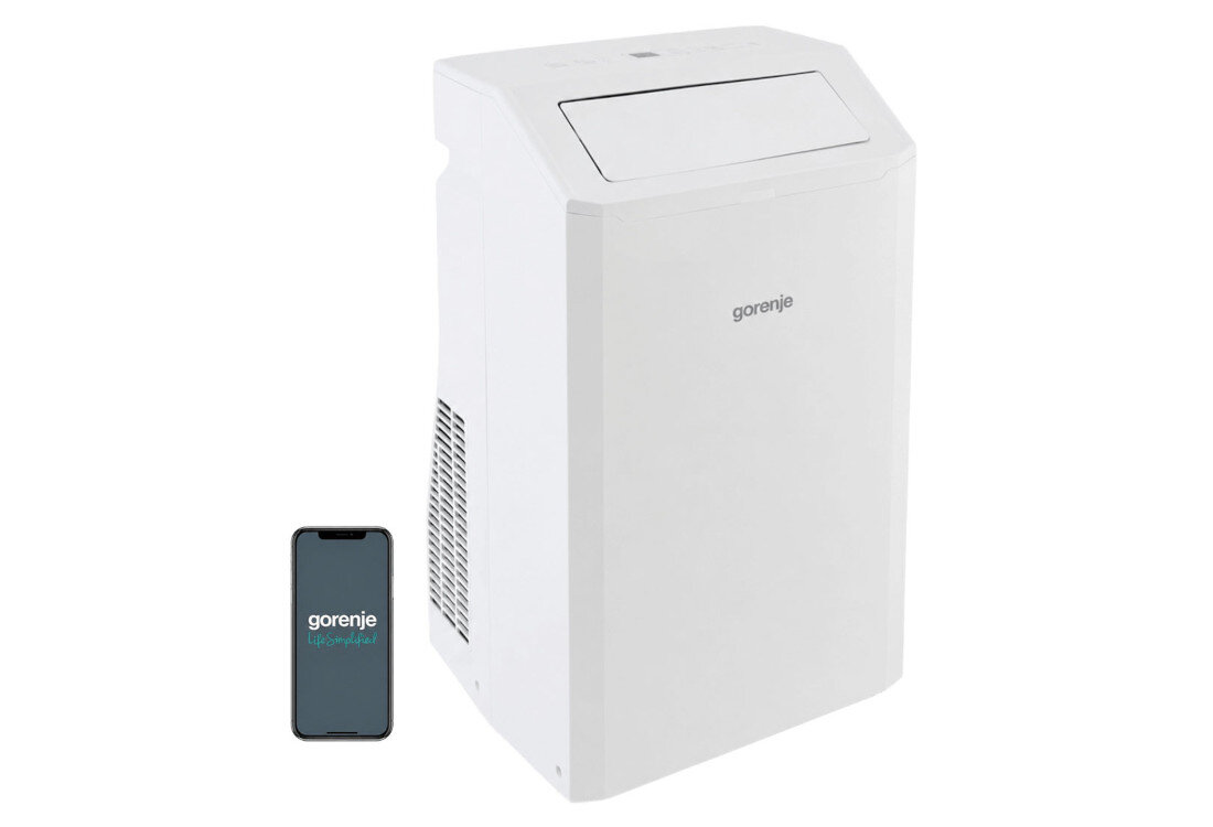 Biały klimatyzator przenośny z widocznym logo \'gorenje\' na przedniej części. Obok znajduje się smartfon z wyświetlonym logo \'gorenje\'.