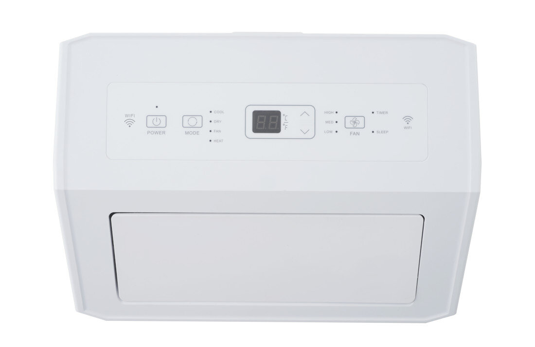 Biały panel sterowania klimatyzatora z wyświetlaczem cyfrowym pokazującym temperaturę oraz przyciskami oznaczonymi jako WiFi, POWER, MODE, FAN i TIMER. Widoczne są również ikony trybów pracy: COOL, DRY, FAN, HEAT.