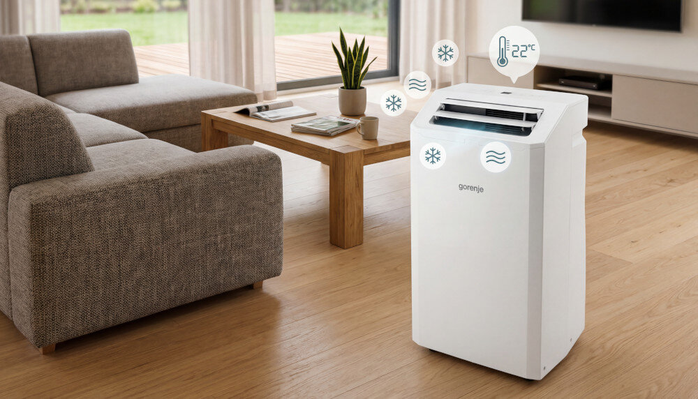 W jasnym salonie znajduje się biały klimatyzator przenośny z logo \'gorenje\'. Obok urządzenia widoczne są ikony symbolizujące chłodzenie i temperaturę 22°C.