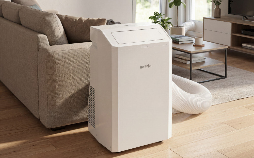 Na obrazie znajduje się biały klimatyzator przenośny z widocznym logo \'gorenje\', ustawiony w salonie obok kanapy. W tle widać stolik z książkami i kubkiem oraz rurę wentylacyjną prowadzącą do okna.