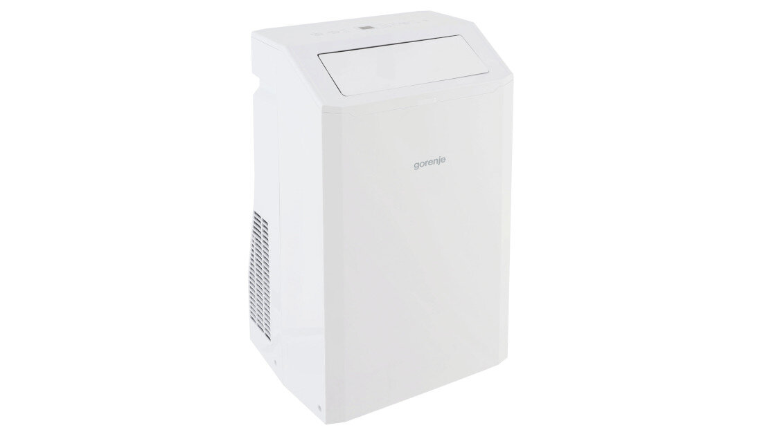 Biały klimatyzator przenośny z widocznym logo \'gorenje\' na przedniej części. Urządzenie ma prostokątny kształt z kratką wentylacyjną po boku.
