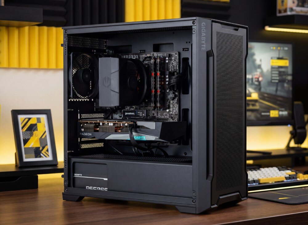 Komputer MAD DOG Powered by Gigabyte C102-A02DR16 Komputer stacjonarny z przeszklonym bokiem ukazujący podzespoły wewnątrz, w tym kartę graficzną i chłodzenie procesora, stojący na biurku