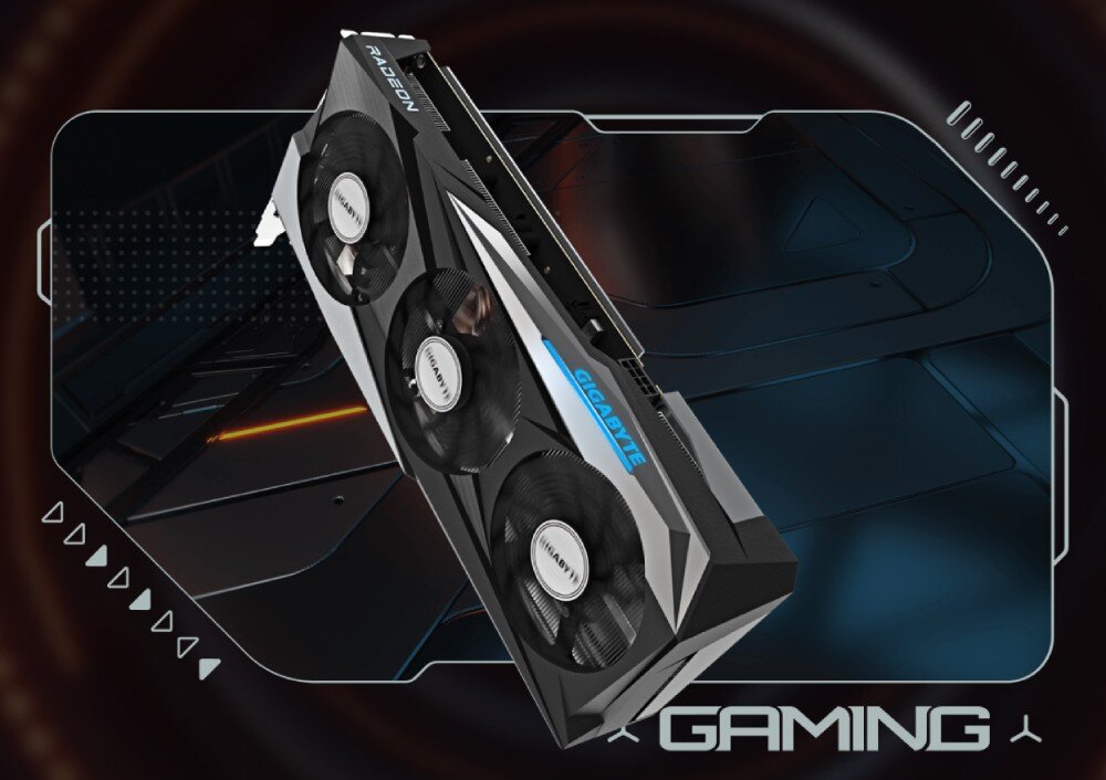 Komputer MAD DOG Powered by Gigabyte C102-A02DR16 Karta graficzna GIGABYTE na futurystycznym tle, z napisem gaming na dole architektura wydajność układ graficzny