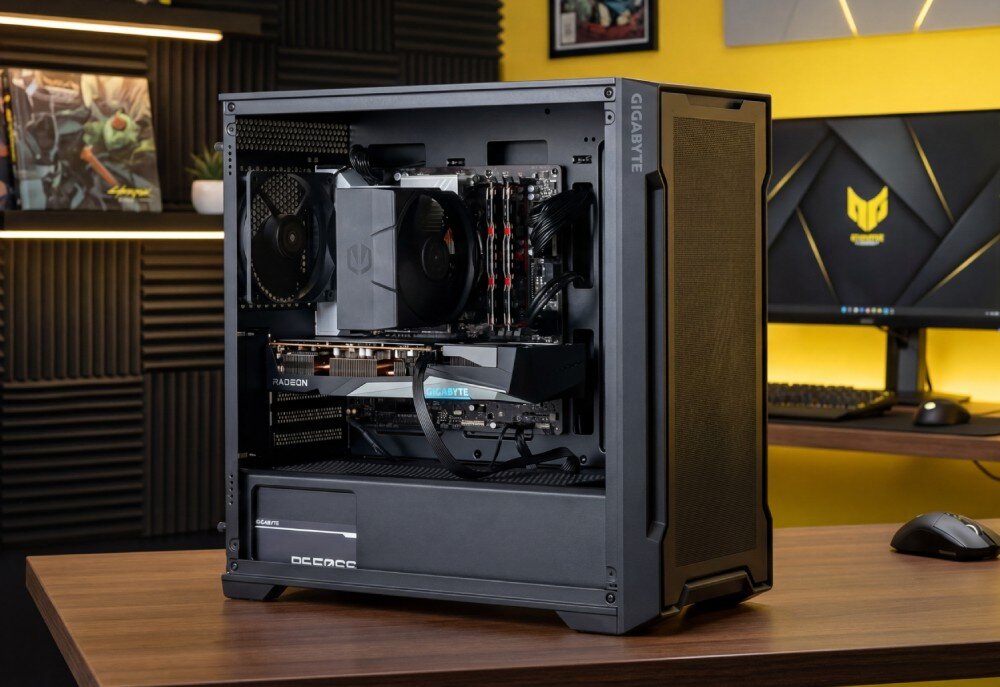 Komputer MAD DOG Powered by Gigabyte C102-I02WB16WP Komputer stacjonarny z przeszklonym bokiem ukazujący podzespoły wewnątrz, w tym kartę graficzną i chłodzenie procesora, stojący na biurku