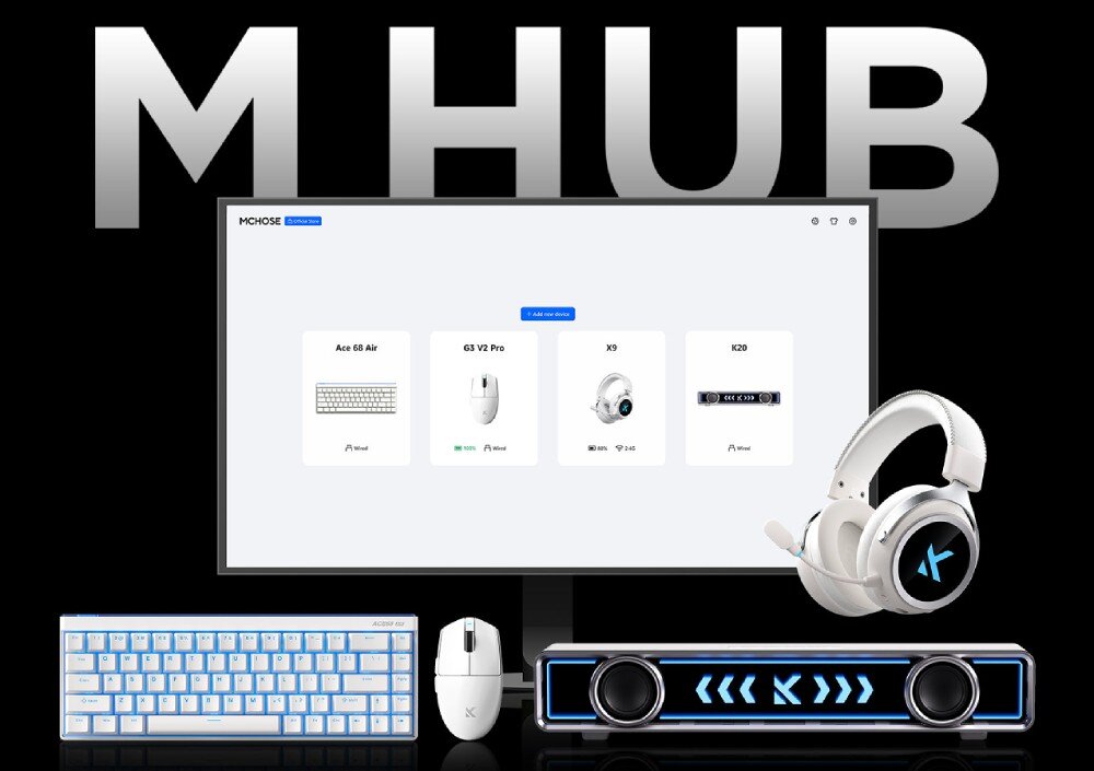 Mysz MCHOSE HW-G3V2-4 Monitor komputerowy z otwartym oprogramowaniem sprzętowym, otoczony klawiaturą, myszą, słuchawkami oraz głośnikiem na czarnym tle