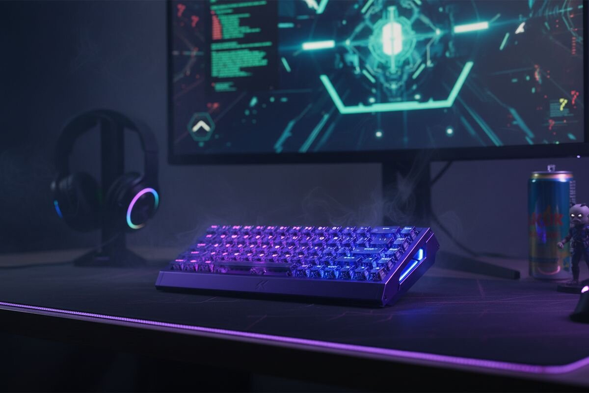 Na biurku znajduje się klawiatura z podświetleniem RGB, obok której stoi puszka napoju i słuchawki. W tle widoczny jest monitor z futurystyczną grafiką na ekranie.