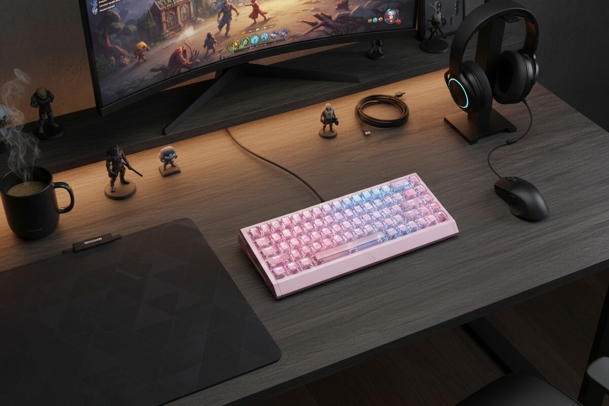 Na biurku znajduje się różowa klawiatura z podświetleniem RGB, obok której leży mysz i stojak na słuchawki. W tle widać zakrzywiony monitor z grą oraz kilka figurek i filiżankę z parującym napojem.