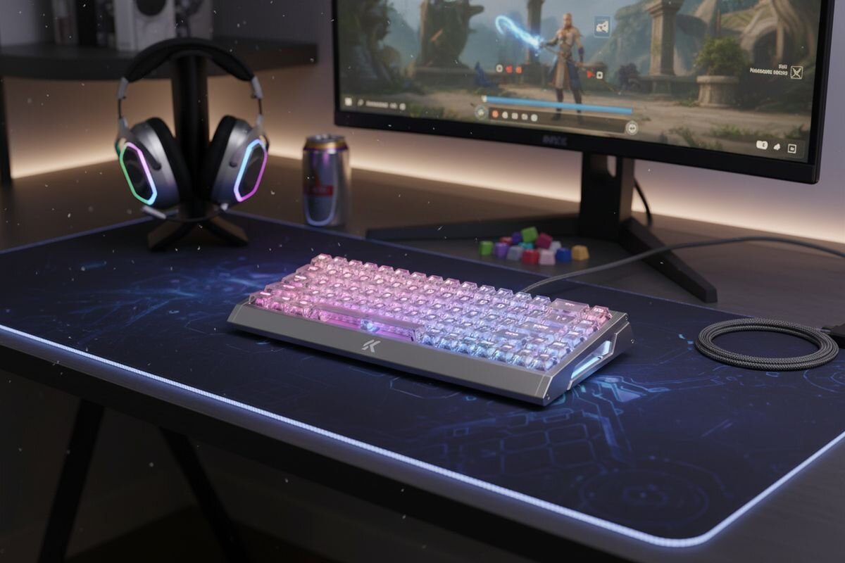 Na biurku znajduje się klawiatura z podświetleniem RGB, obok której leżą słuchawki z podświetlanymi nausznikami. W tle widać monitor z grą oraz puszkę napoju.