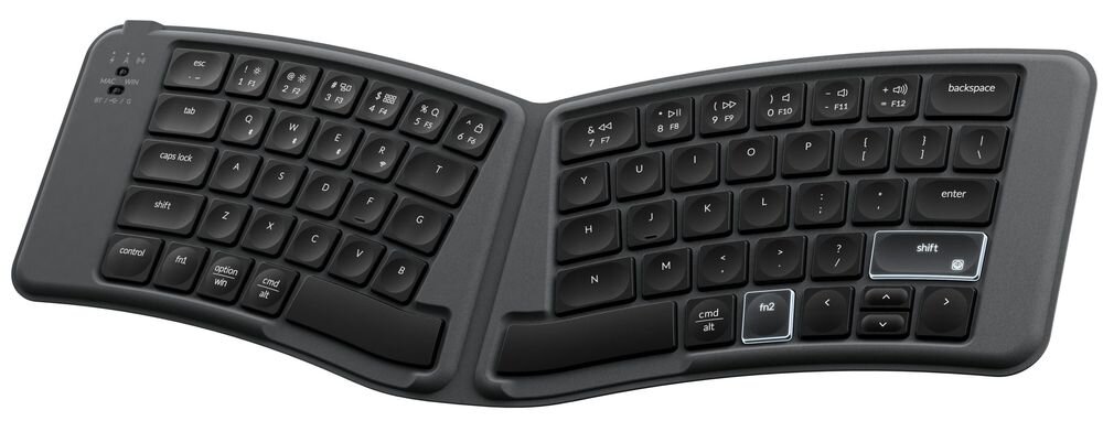 KEYCHRON B11P-K1 Keychron B11 Pro cienka, składana klawiatura bezprzewodowa układ Alice mechanizmem nożycowym Składana forma - klawiatura o dzielonym układzie klawiszy z wyróżnionymi przyciskami funkcyjnymi ułożona pod kątem