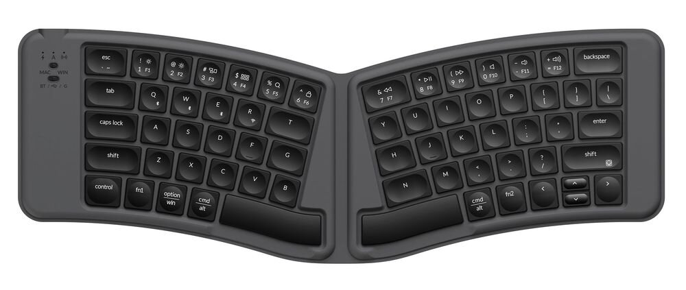 KEYCHRON B11P-K1 Keychron B11 Pro układ Alice dwie części naturalne rozmieszczenie względem dłoni Wklęsłe nakładki klawiszy Mechanizm nożycowy cichą pracę - klawiatura bezprzewodowa widziana z góry z ergonomicznym układem klawiszy i wskaźnikami stanu