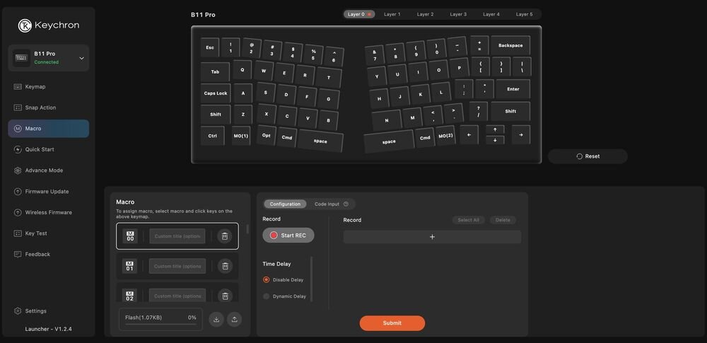 KEYCHRON B11P-K1 Aplikacja Keychron Launcher zmieniać funkcje klawiszy, tworzyć makra i skróty przygotowywać własne konfiguracje Czujnik Hall Effect - Ekran oprogramowania dedykowanego do konfiguracji klawiatury, przypisywania makr oraz mapowania klawiszy.