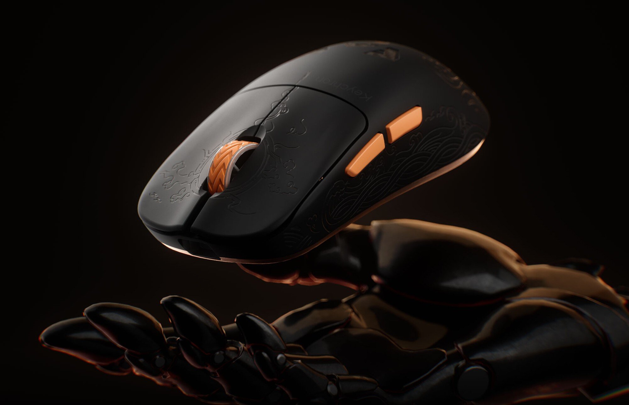 Mysz KEYCHRON G3-Z1 Mysz komputerowa z bocznymi przyciskami, unosząca się tuż nad otwartą dłonią robota
