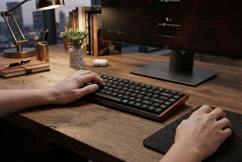 Na drewnianym biurku znajduje się klawiatura mechaniczna, przed którą siedzi osoba używająca jej. W tle widać monitor z wyświetlonym interfejsem oraz kilka książek i roślinę w doniczce.