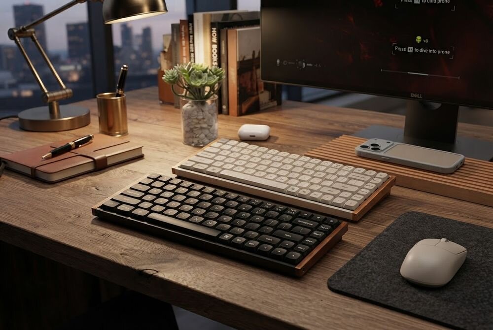 Na drewnianym biurku znajduje się czarna klawiatura mechaniczna oraz biała klawiatura, obok myszka na podkładce. W tle widać monitor z logo \'Dell\', lampkę, książki i roślinę w doniczce.