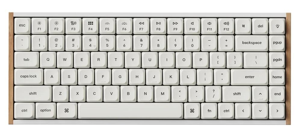 Klawiatura mechaniczna z białymi klawiszami, posiadająca układ QWERTY oraz dodatkowe klawisze funkcyjne od F1 do F12. Widoczne są klawisze takie jak \'esc\', \'tab\', \'caps lock\', \'shift\', \'ctrl\', \'option\', \'command\', \'enter\', \'backspace\', \'pgup\', \'pgdn\', \'home\', \'end\'.