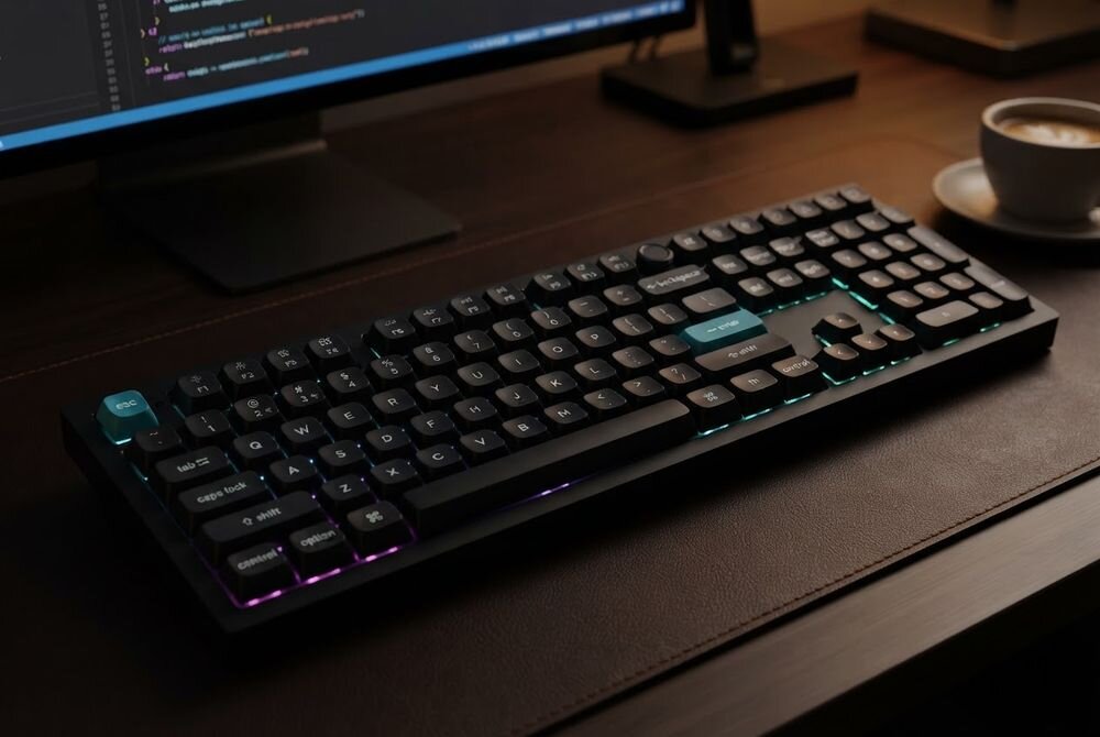 Na biurku znajduje się klawiatura z podświetleniem RGB, obok której stoi filiżanka kawy. W tle widoczny jest monitor z wyświetlonym kodem programistycznym.