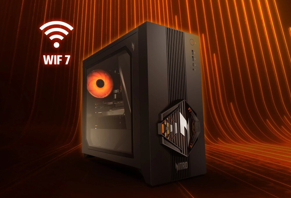 Komputer ACER Nitro N30-100 Obudowa komputera na tle linii świetlnych, z widoczną w górnym rogu ikoną łączności bezprzewodowej i napisem 'WIFI 7'